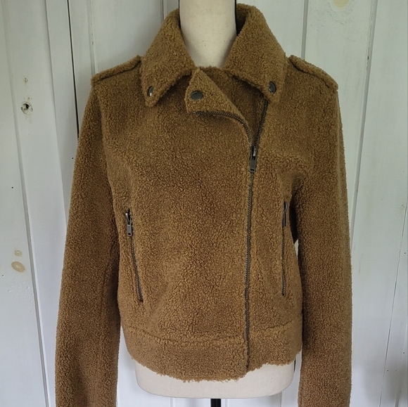 Zara Camel Teddy Moto Shearling Jacket Size L - Picture 1 of 16